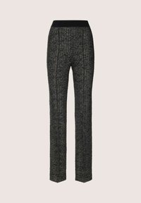 Zwarte tweed broek met een gestructureerd patroon, voorzien van een brede elastische tailleband en recht gesneden pijpen. Tailored design voor een aansluitende silhouet.