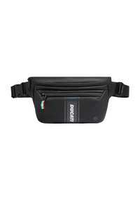 Riñonera negra fabricada con material duradero, con un bolsillo delantero con cremallera, detalles en azul y una pequeña bandera italiana. Logo: DUCATI.