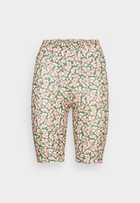 Květinové šortky s zeleným pozadím, zdobené malými růžovými a bílými květy. Hladká textura a design s elastickým pasem.