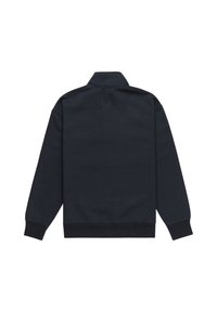 Ciemnoniebieska bluza z wysokim kołnierzem, długimi rękawami oraz ściągaczami przy rękawach i u dołu. Miękka w fakturze, minimalistyczny design bez widocznych logo.