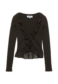 Top lungo a maniche ribattute marrone con scollatura a V, dettagli a volant lungo i bordi e orlo trasparente a volant. Design casual con una cintura in vita.