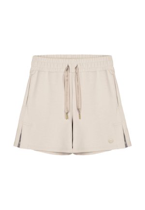 Beiget joustovyötärölliset shortsit säädettävillä kiristysnauhoilla, sivutaskuilla ja pienellä logolla helman lähellä, suunniteltu rentoon käyttöön.