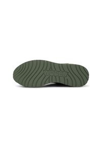 Green rubber shoe sole with wave-like tread pattern and "WODEN" brand name embossed in the center.