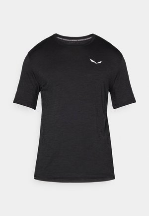 Black short-sleeve T-shirt made of lightweight fabric, featuring a subtle white logo on the chest. Smooth texture with a crew neckline.