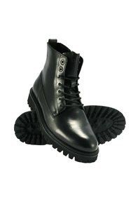 Czarne skórzane botki za kostkę o gładkim wykończeniu, z trwałymi gumowymi podeszwami, okrągłymi sznurówkami i metalowymi oczkami dla pewnego zapięcia.