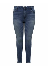 Skinny jeans in dark blue denim, featuring a high waist, five-pocket design, subtle fading, and a zip and button closure.