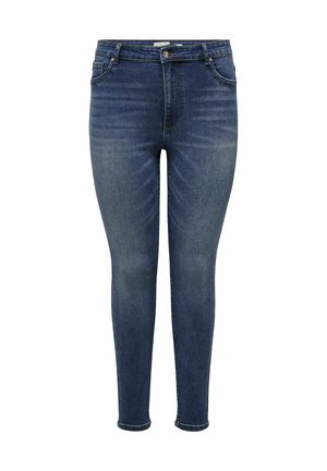 Cienkie dżinsy w ciemnoniebieskim deninie, z wysokim stanem, pięcioma kieszeniami, delikatnym wyblaknięciem oraz zapięciem na zamek i guzik.