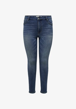Smarte jeans i mørkeblå denim, med høy midje, fem lommer, subtil falming, samt glidelås og knappelukking.