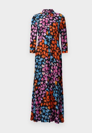 Garšs melns kleitas ar krāsainiem ziedu rakstiem rozā, zilā un oranžā krāsā. Tajā ir apkakle, pogu aizdare un triju ceturtdaļu piedurknes.