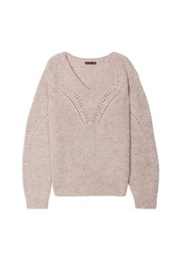 Beige V-Ausschnitt Strickpullover mit strukturierten Details, locker sitzend mit gerippten Ärmelbündchen und Saum.