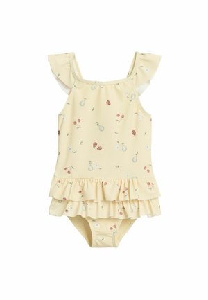Gelber Baby-Badeanzug mit Rüschensäumen an Ärmeln und Saum, verziert mit kleinen Kirschen- und Birnenmotiven.