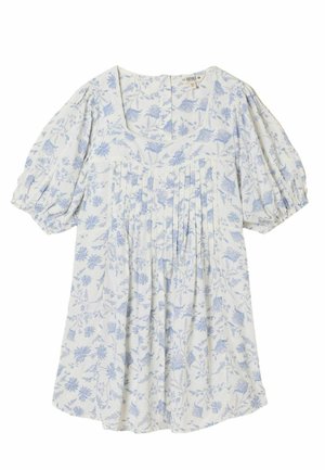 Valge lühike kleit hele sinise lillemustriga, ruudukujuline kaelus, volditud esikülg ja lühikesed õhulised varrukad elastsete mansettidega.