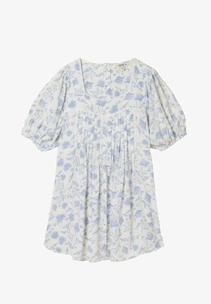 Weißes kurzes Kleid mit hellblauem Blumenmuster, quadratischem Ausschnitt, plissiertem Vorderteil und kurzen Puffärmeln mit elastischen Bündchen.
