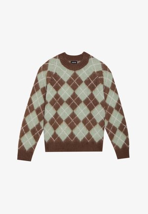 Pruun ja mündiroheline argyle-mustriga soe kampsun, millel on soonikkoes krae ja pikad varrukad.