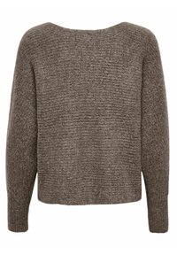 Pull en tricot marron texturé avec un large col et des manches longues. Le tissu a une apparence douce et confortable, idéal pour une tenue décontractée.