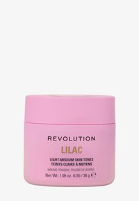 Rosa behållare med bakpulver märkt "Revolution Lilac" för ljus-medel hudton. Innehåller 30g. Slät textur, cirkulär form.