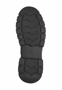 Semelle de chaussure en caoutchouc noir présentant une surface texturée avec un motif de bande de roulement en zigzag et la taille "37" estampillée. Design robuste pour une meilleure adhérence.