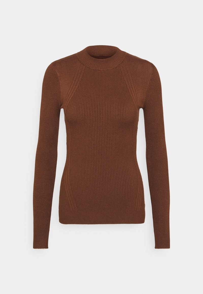 Pull en maille côtelée marron à manches longues avec un col rond haut et une silhouette ajustée, présenté sur un fond clair uni.