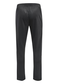 Schwarze Sporthosen aus glattem, leichtem Material mit einem elastischen Bund. Gerade Passform, keine Taschen oder sichtbaren Details.