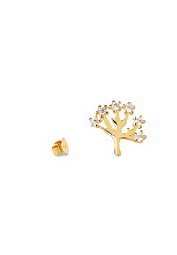 Orecchini in tono oro a forma di albero, adornati con cinque cristalli trasparenti. Inclusa chiusura a perno. Finitura liscia con dettagli intricati dei rami.