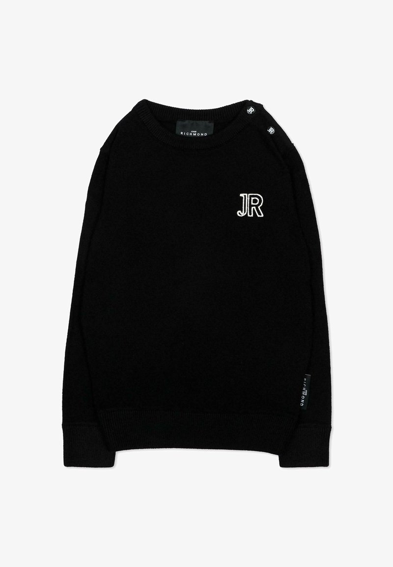 Jersey negro de manga larga con logo blanco JR en el pecho, puños y bajo acanalados, y etiquetas de la marca John Richmond en el cuello y lateral.