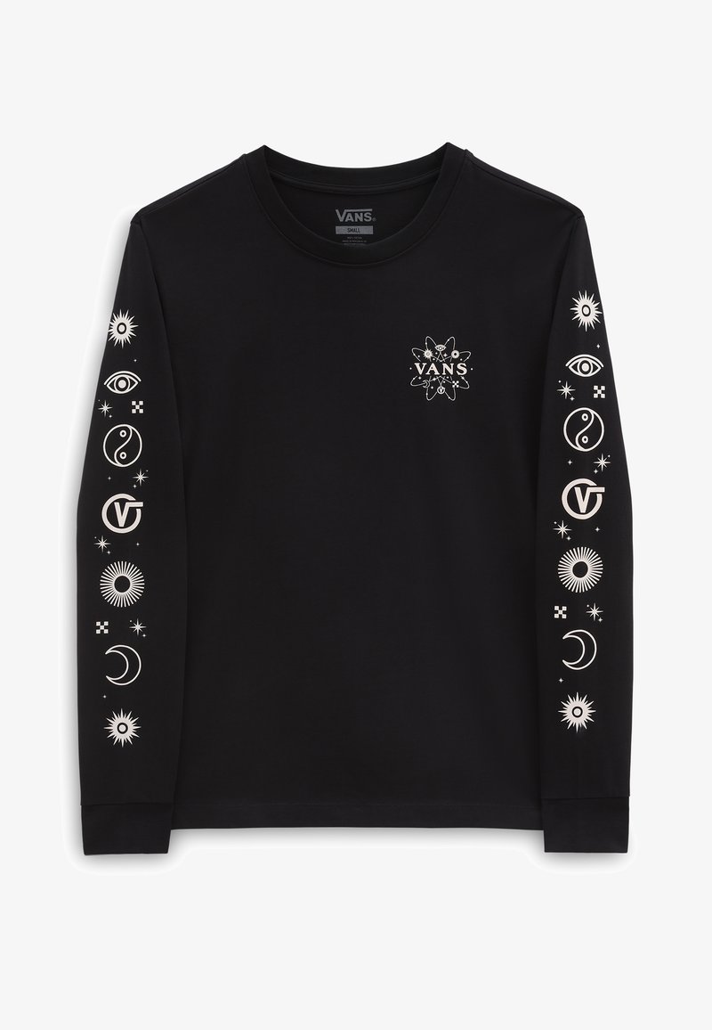 Chemise noire à manches longues avec des motifs graphiques blancs d'yeux, d'étoiles et de symboles le long des manches ; présente un logo central sur la poitrine.