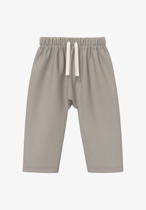 Luźne spodnie w jasnoszarym kolorze z elastycznym paskiem w talii i białym sznurkiem, zaprojektowane z myślą o komforcie i codziennym noszeniu.