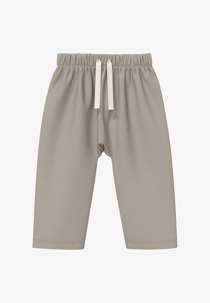 Pantalon ample gris clair avec taille élastique et cordon blanc, conçu pour le confort et un port décontracté.