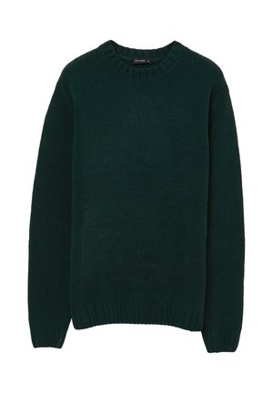 Pull en maille noir vert avec un col rond, des poignets et un ourlet côtelés. Texture douce et coupe classique. Pas de motifs ni de quincaillerie visibles.