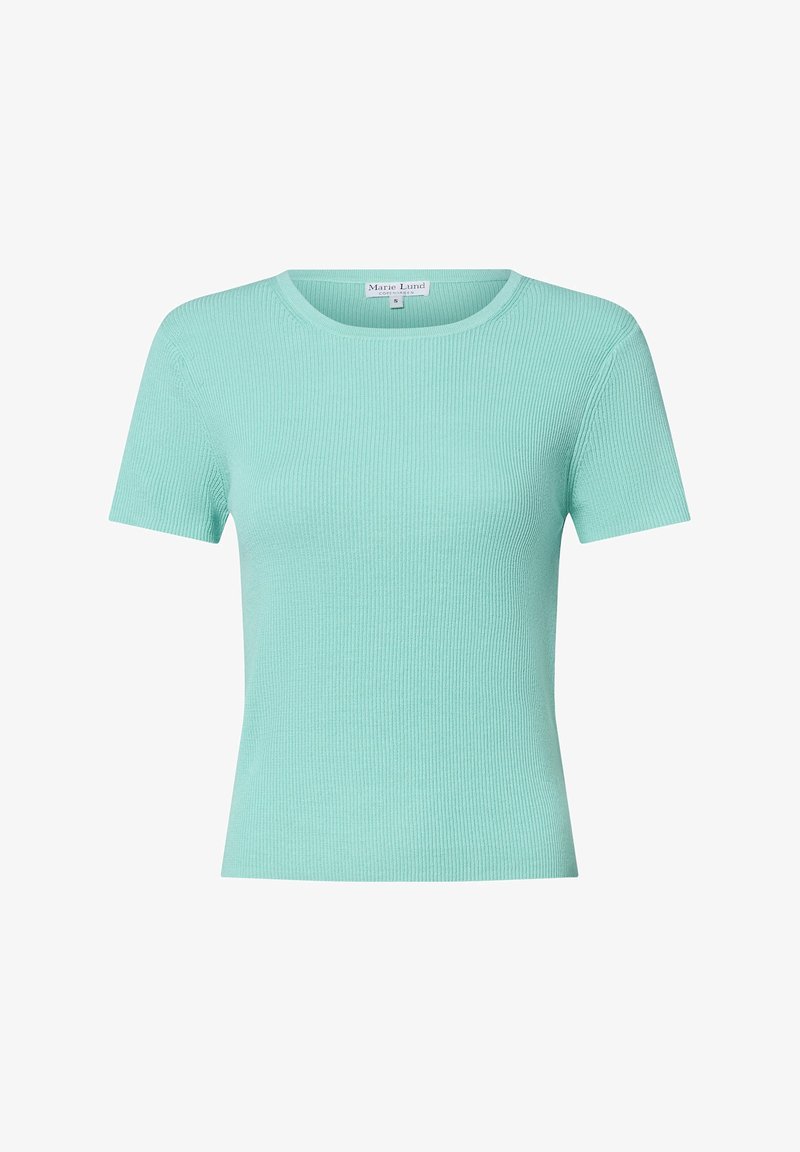 Mintgrünes geripptes Kurzarm-T-Shirt mit Rundhalsausschnitt und tailliertem Schnitt, aus weichem, dehnbarem Material. Keine sichtbaren Hardware-Elemente oder Muster.