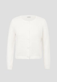 Λευκό μακρυμάνικο ζακέτα με στρογγυλή λαιμόκοψη, πέντε κουμπιά μπροστά και μαλακό υφασμένο ύφασμα.