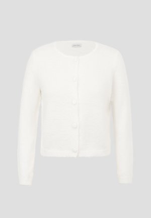 Weißer Langarm-Cardigan mit rundem Ausschnitt, fünf Knöpfen vorne und weichem, strukturiertem Stoff.