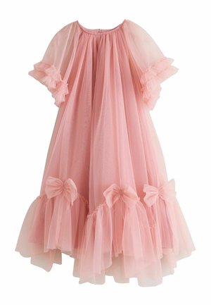 Rosa Tüllkleid mit kurzen Puffärmeln, rüschigen Akzenten und drei Schleifen am Saum. Leicht und fließend mit einem gerafften Ausschnitt.