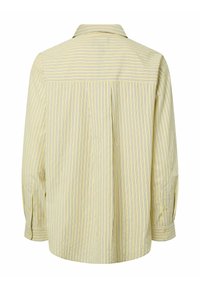 Geel gestreept shirt met verticale lijnen in het blauw. Lange mouwen met knoopmanchetten en een rugpand voor extra structuur.
