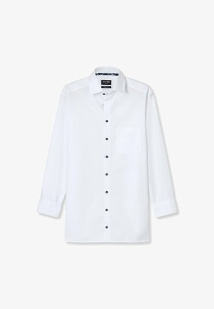 Chemise blanche à manches longues en tissu lisse avec un col classique, des boutons noirs et une poche poitrine unique. Doublure intérieure à motif notable.