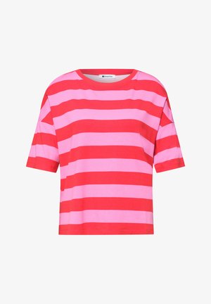 Chemise à manches courtes rayée horizontalement rouge et rose avec un col rond, présentée à plat sur fond blanc.