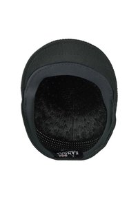 Cappello piatto in rete nera visto dall'interno, che mostra le cuciture e un'etichetta in tessuto con il marchio sul bordo interno.