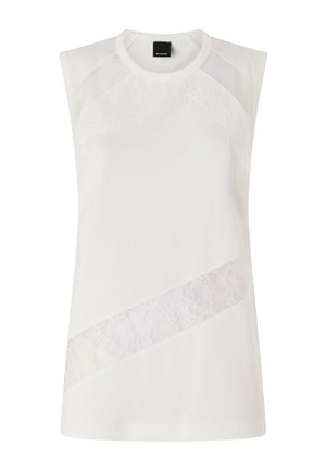 Top blanco sin mangas con escote redondo, panel de encaje en diagonal en la parte delantera y detalles transparentes en los hombros.
