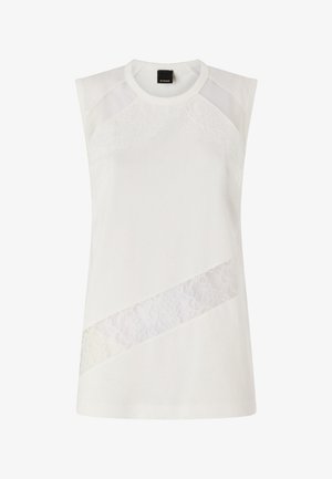 Witte mouwloze top met ronde halslijn, diagonaal kanten paneel aan de voorkant en doorschijnende accenten op de schouders.
