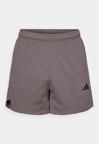 Szare sportowe szorty z siateczki z elastycznym paskiem w talii, bocznymi rozcięciami oraz czarnym logo Adidas na dolnej lewej stronie z przodu.