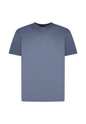 Effen blauwe katoenen T-shirt met korte mouwen, ronde hals en normale pasvorm, zonder zichtbare logo's of patronen, op een witte achtergrond.
