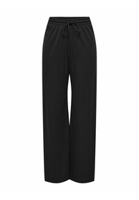Schwarze weit geschnittene Hosen aus weichem Stoff. Mit elastischem Bund und Kordelzug. Schlichtes Design ohne Muster oder Akzente.