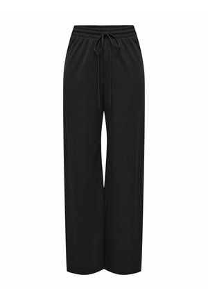 Schwarze weit geschnittene Hosen aus weichem Stoff. Mit elastischem Bund und Kordelzug. Schlichtes Design ohne Muster oder Akzente.