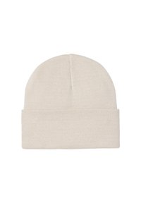Knit beanie in light beige, features a folded cuff and smooth texture. Designed for warmth with a simple, classic shape.