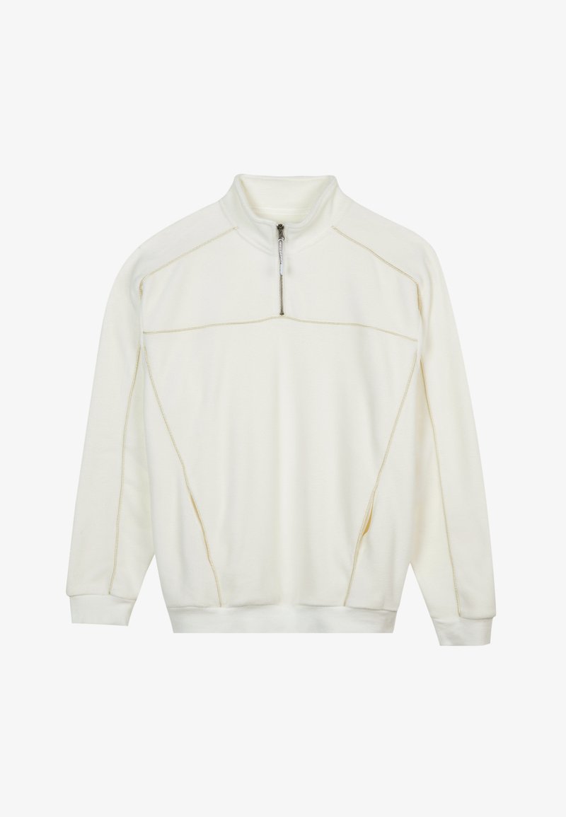 Off-white quarter-zip sweatshirt with long sleeves, visible beige stitching, ribbed cuffs, and high collar.