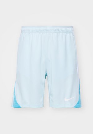 Shorts de sport Nike bleu clair avec une taille élastique, présentant des panneaux latéraux d'un bleu plus foncé et un logo blanc près de l'ourlet.