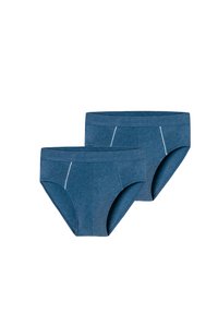 Due paia di slip in cotone blu con una texture melangiata, caratterizzati da dettagli di cucitura bianchi e un design della cintura standard.