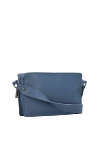Borsa a tracolla blu in pelle con chiusura a zip, design piatto e tracolla regolabile. Caratterizzata da una superficie liscia e cuciture a contrasto.