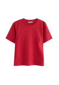 Plain rød T-shirt med korte ærmer og rund hals, vist mod en hvid baggrund.