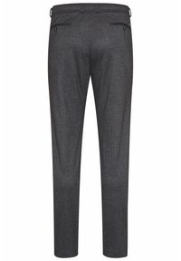 Pantalon formel pour hommes de couleur gris foncé avec une coupe ajustée, deux poches arrière avec boutons et des passants pour ceinture.